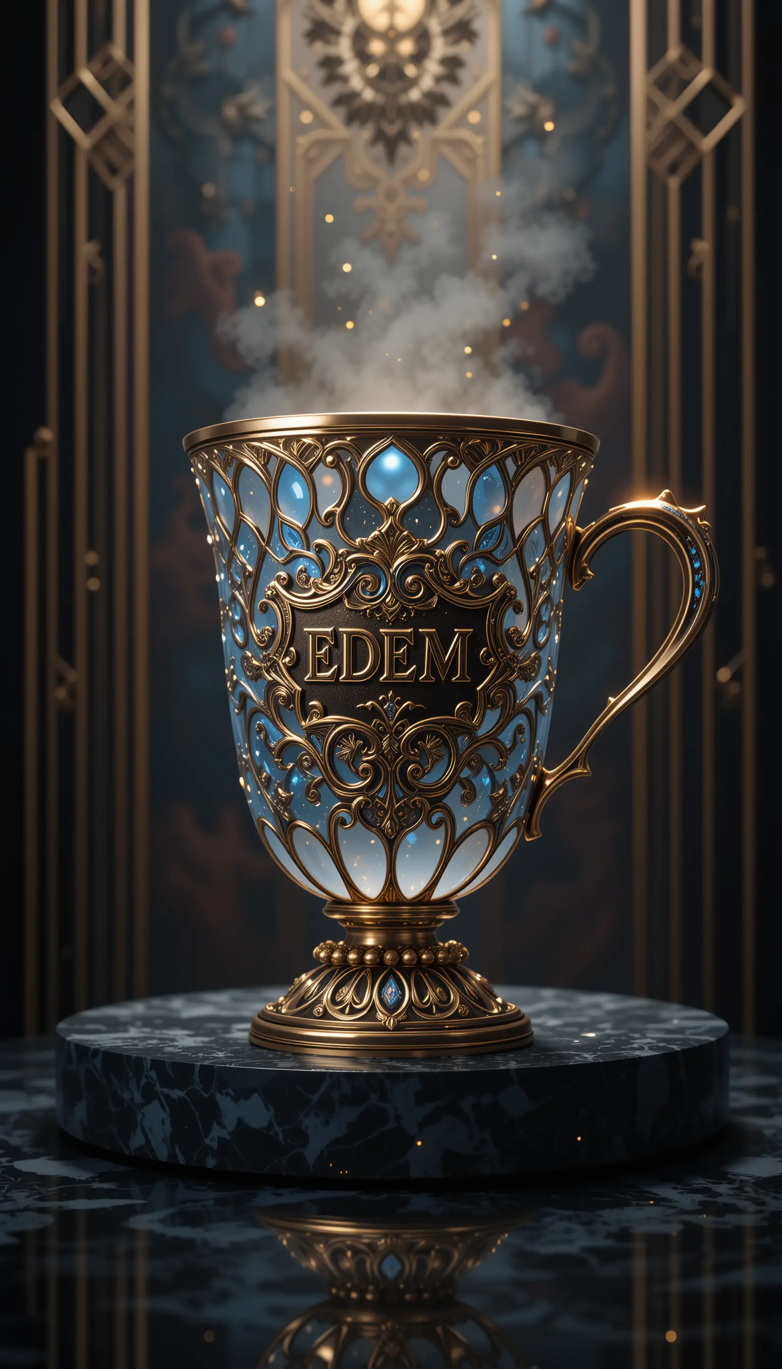 Luxurious arabesque coffee cup in dramatic digital illustration