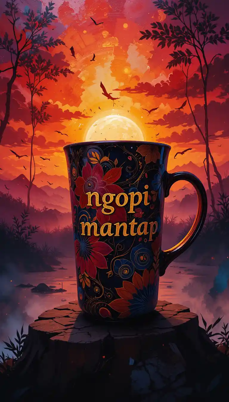 Batik coffee mug with ngopi mantap text at sunset