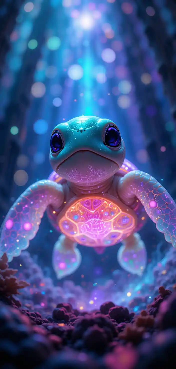 Dreamy 3D mystical turtle with glowing translucent shell