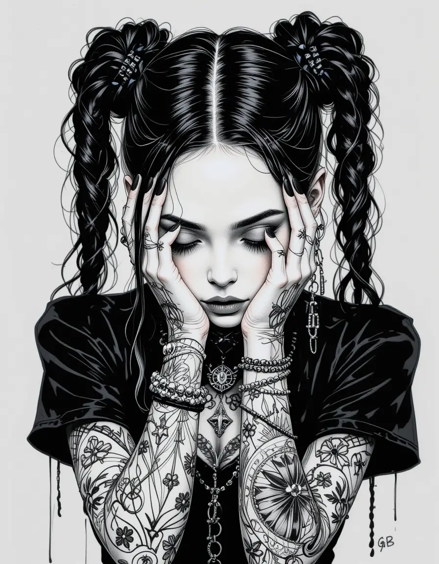 Gothic woman portrait with tattoos and braided hair
