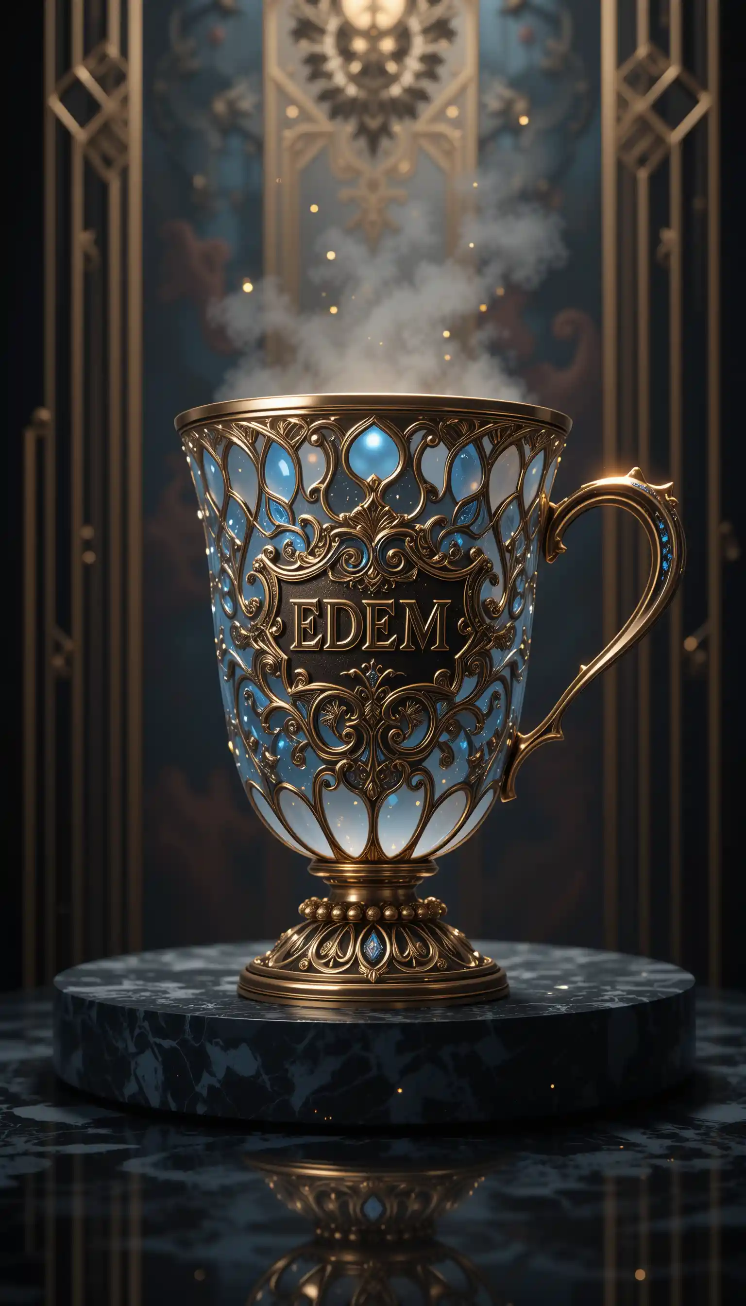Luxurious arabesque coffee cup in dramatic digital illustration