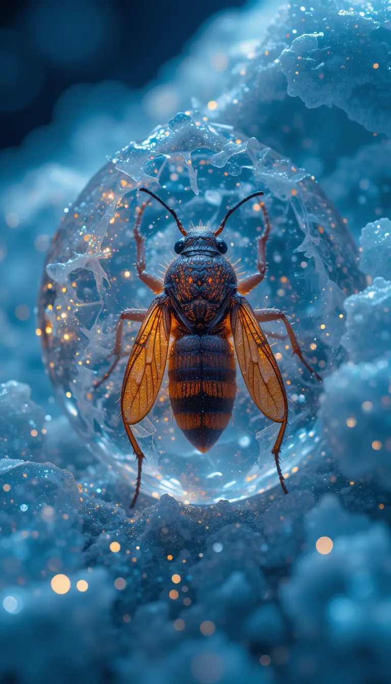 Macro insect trapped inside glowing transparent ice