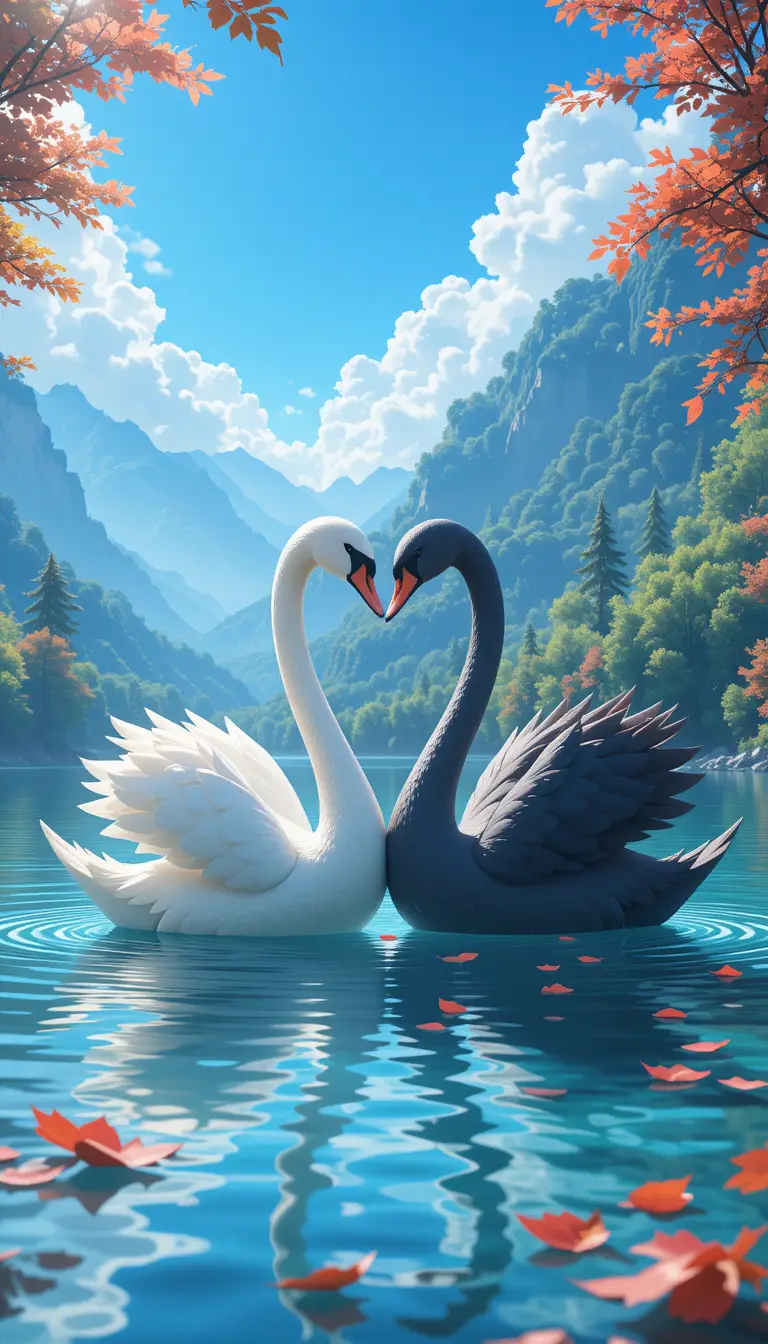 Elegant swans forming a heart on a mountain lake