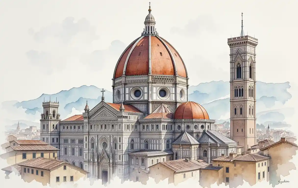 Watercolor view of florence cathedral in soft morning light