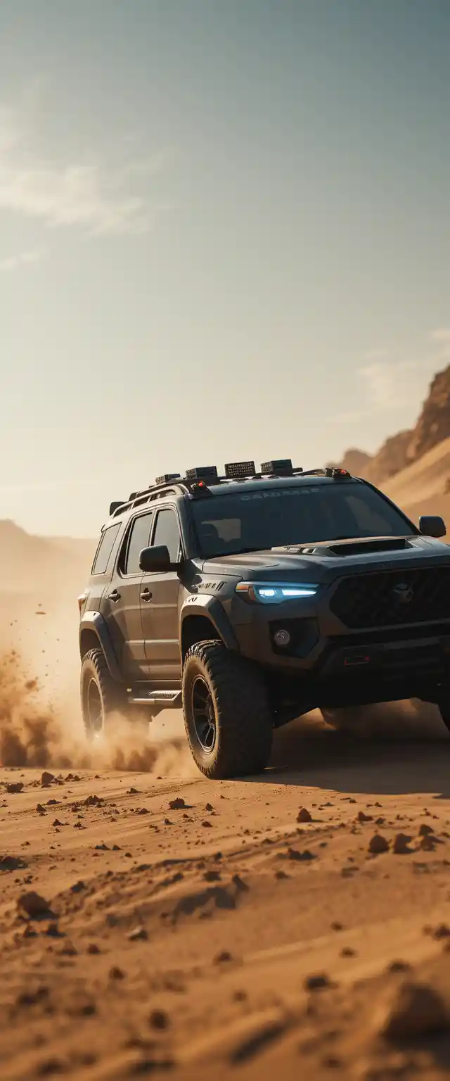 Armored luxury suv racing through sunlit desert sands