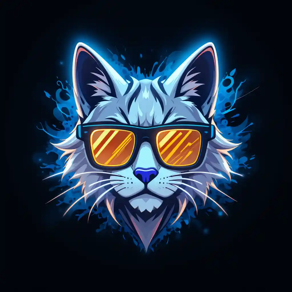 Neon cyberpunk cat logo with sunglasses on dark background