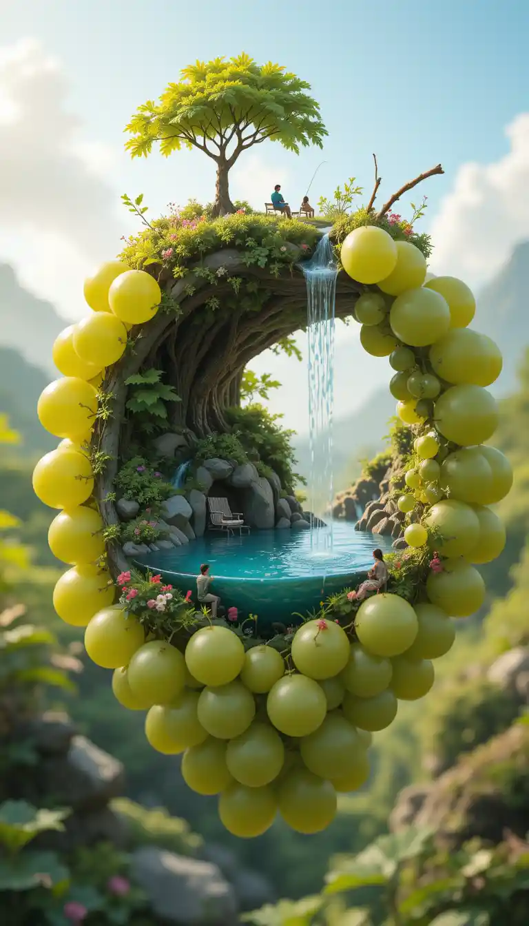 Floating green grapes revealing a tranquil miniature world