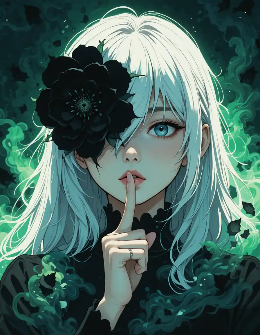 Retro anime portrait of a woman in dark mist