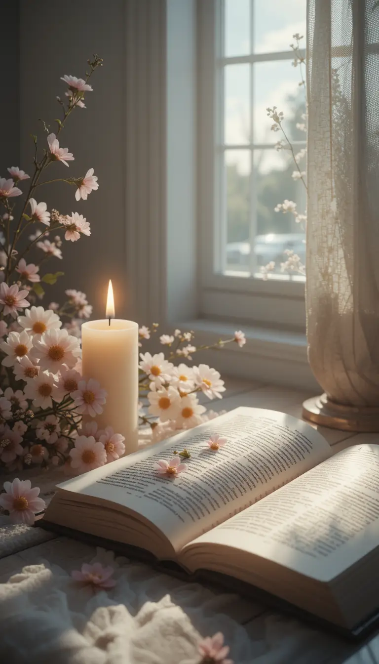 Lit candle with flowers and open book in soft light