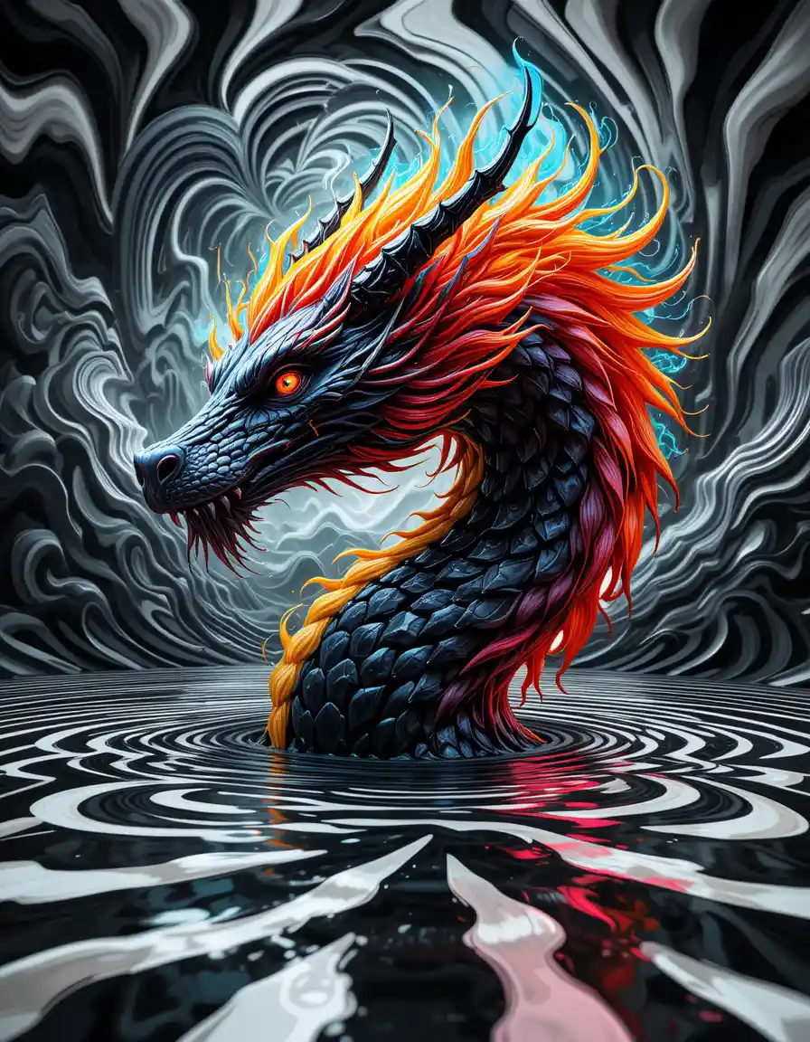 Surreal dragon head emerging from hypnotic abstract illusion