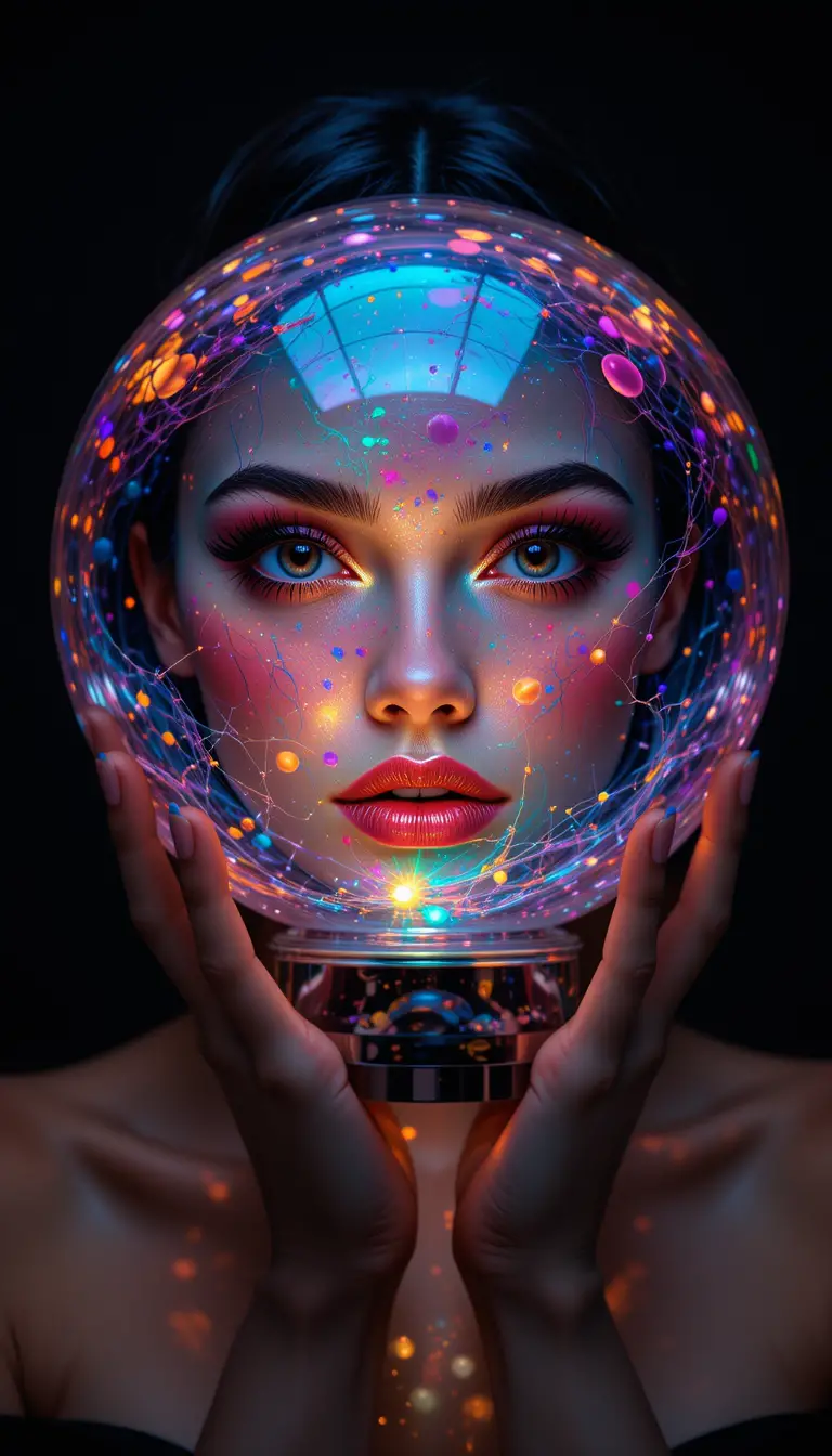 Woman holding glowing glass globe before her face