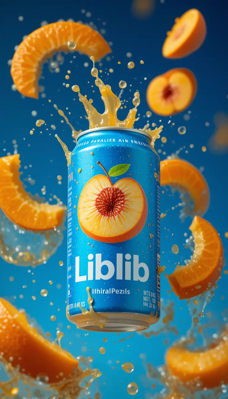 Blue beverage can with splashing orange juice and peaches