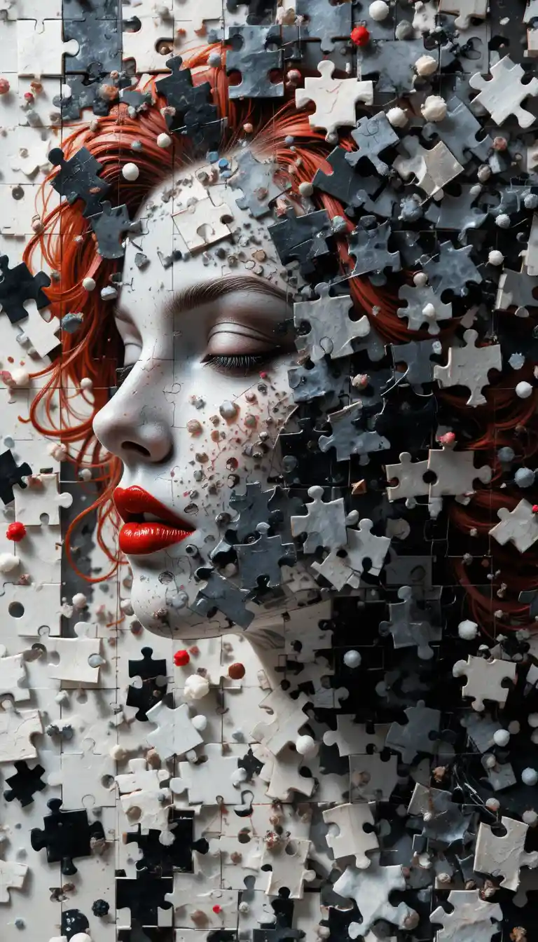 Double exposure portrait of sculptural woman with puzzles
