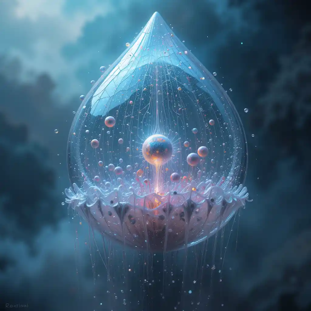 Iridescent cosmic raindrop floating in surreal dreamlike space