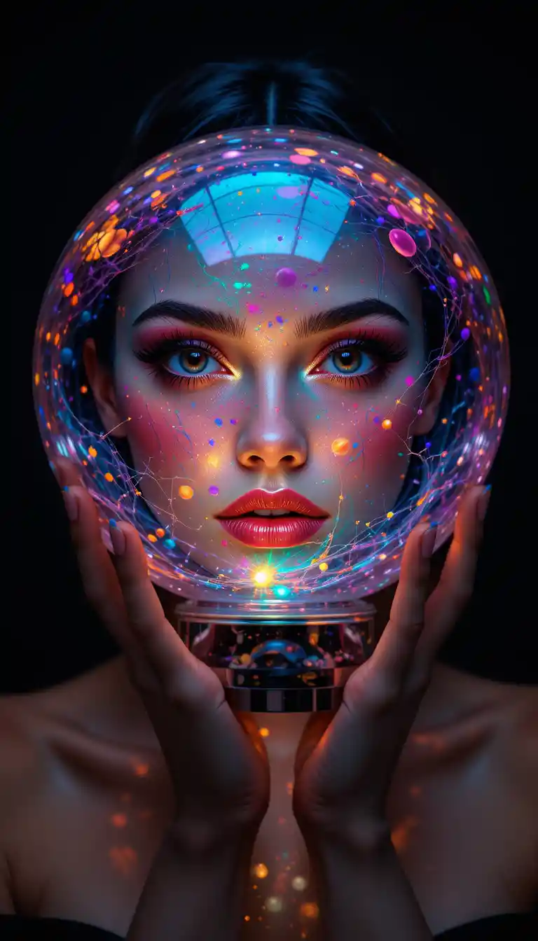 Femme tenant un globe en verre lumineux devant son visage