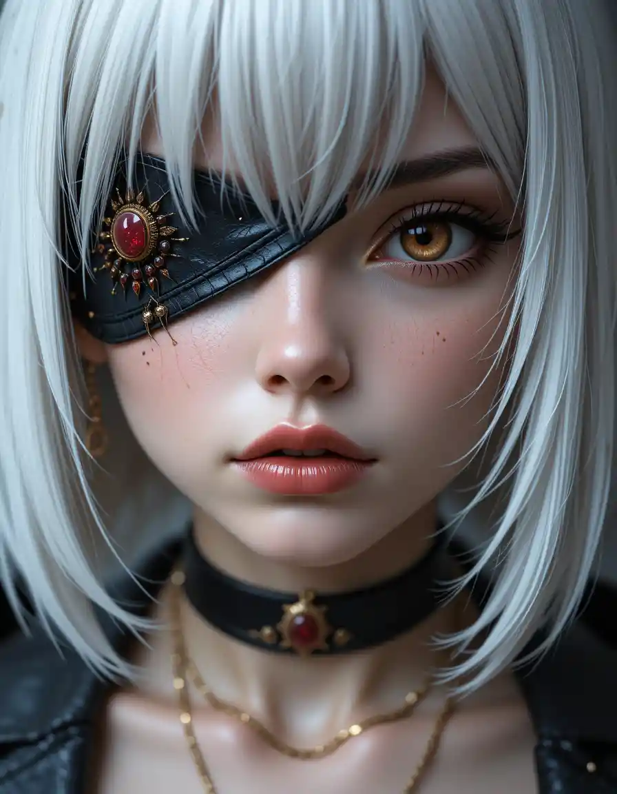 One eyed anime woman portrait with ruby necklaces