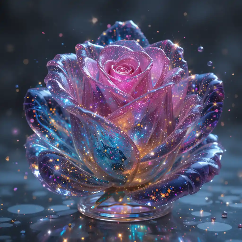 Rose made of transparent galaxy petals with golden stars