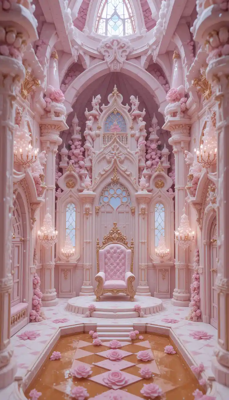 Crystalline candy heart palace with ornate edible architecture