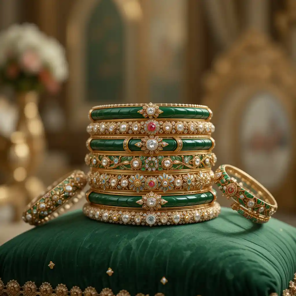 Bridal green bangle set with gold and pearl details