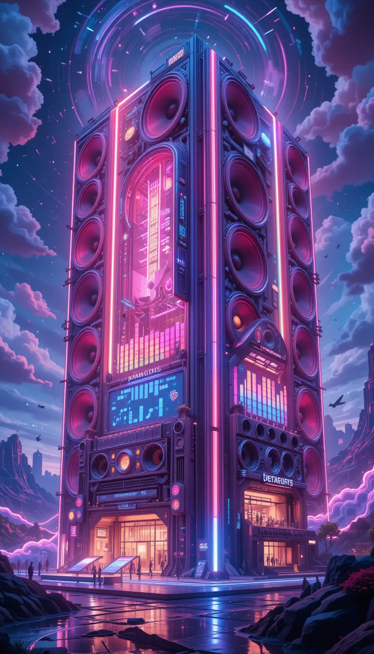 Colossal speaker building with glowing trance equalizer lights