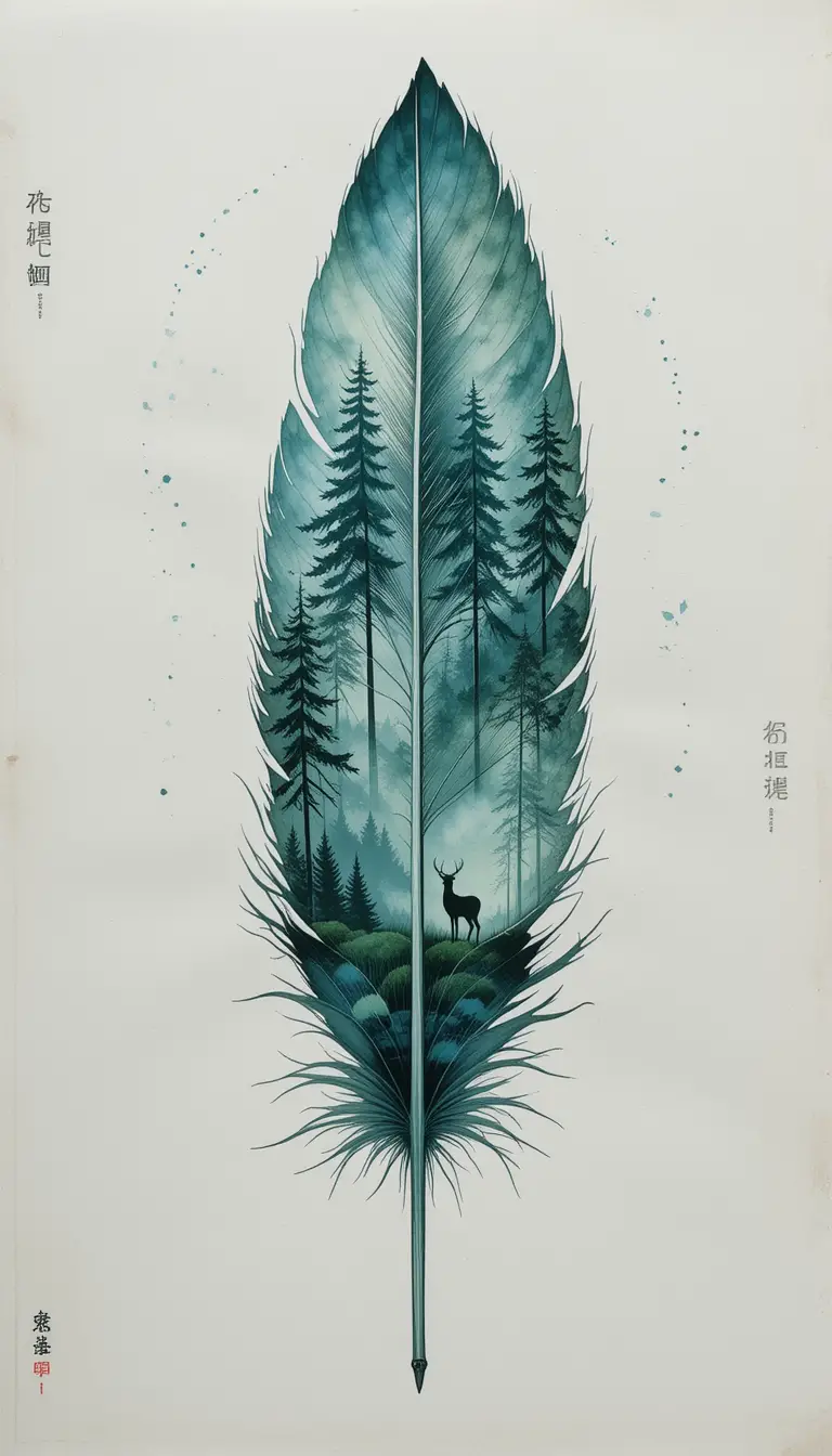 Aquarellfeder mit nebligem Kiefernwald und Hirsch