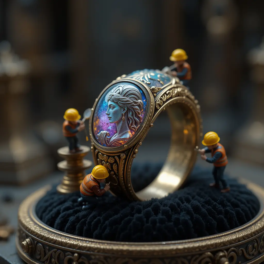 Ornate historical ring with cosmic gemstone on velvet cushion