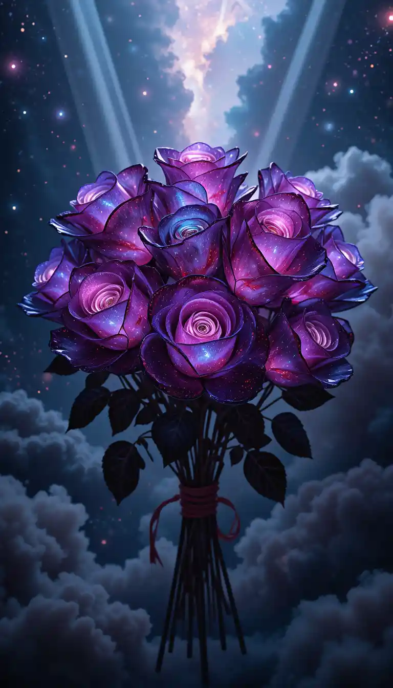 Cosmic glass rose bouquet glowing in deep space