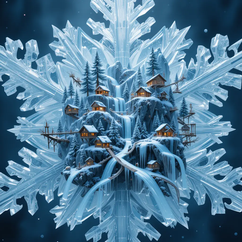 Géant flocon de neige en cristal renfermant un monde hivernal surréaliste