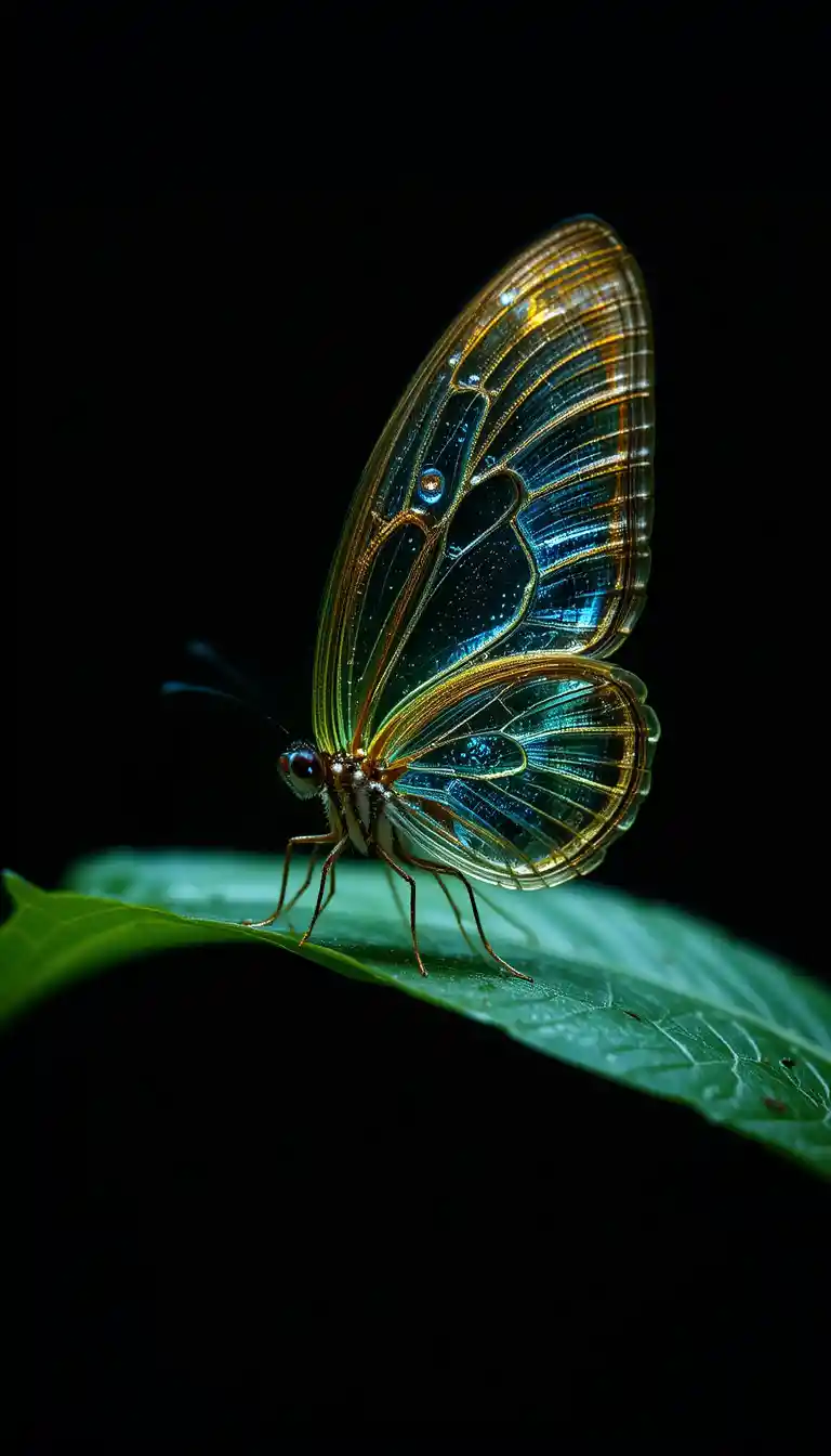 Glasswing butterfly with transparent wings on leaf at night