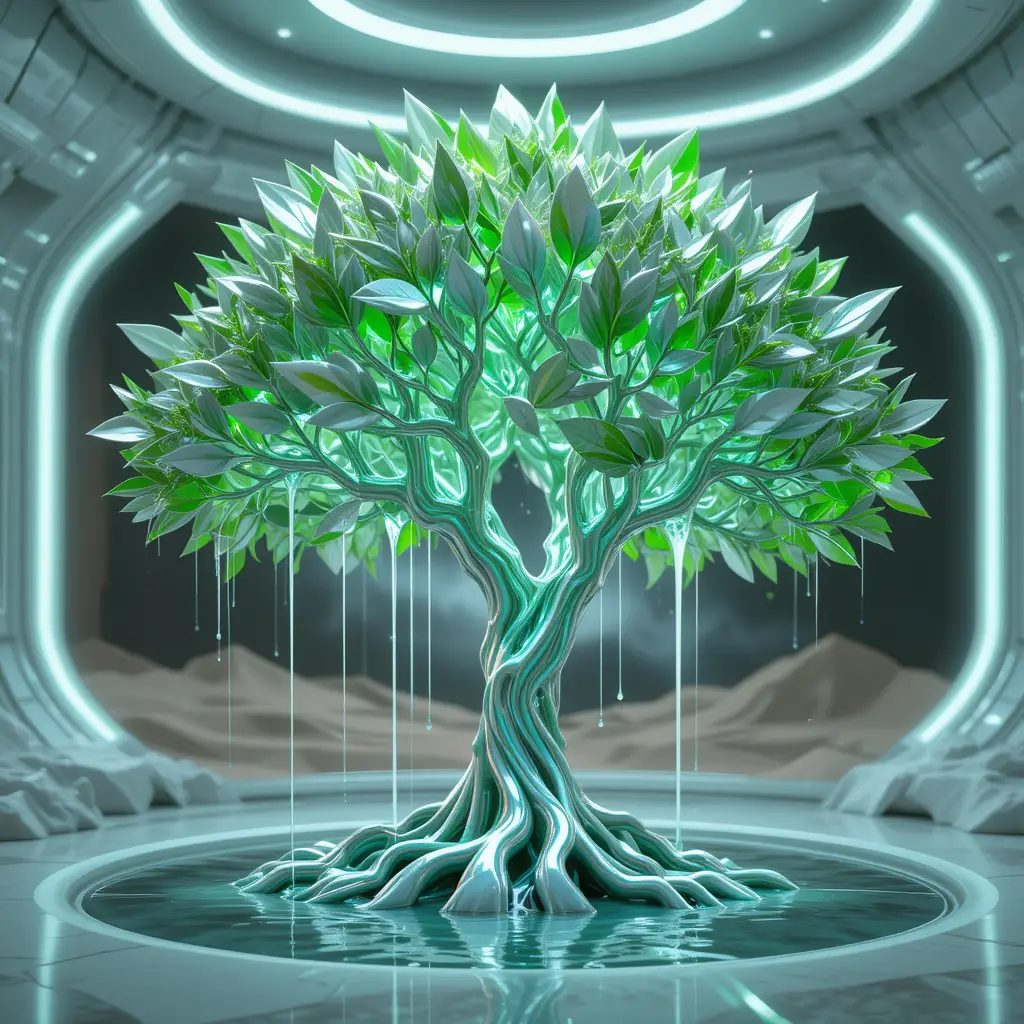 Futuristic Metallic Tree With Cables In Desert Oasis