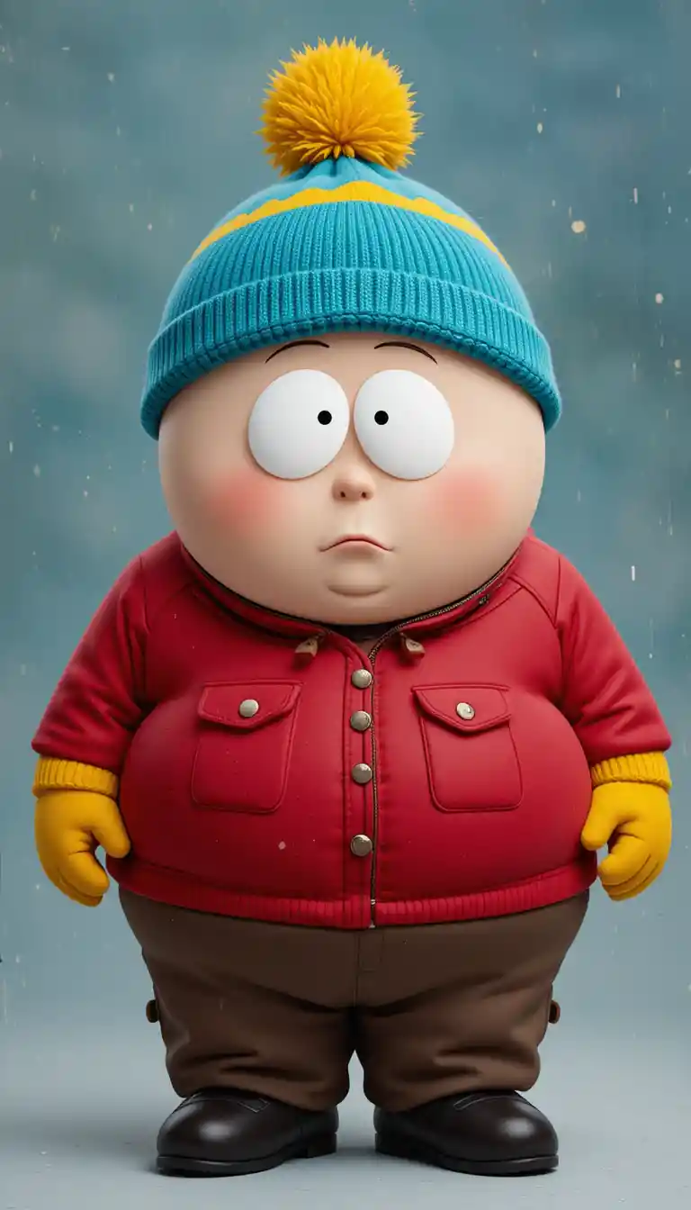 Chubby boy in red jacket and cyan winter hat