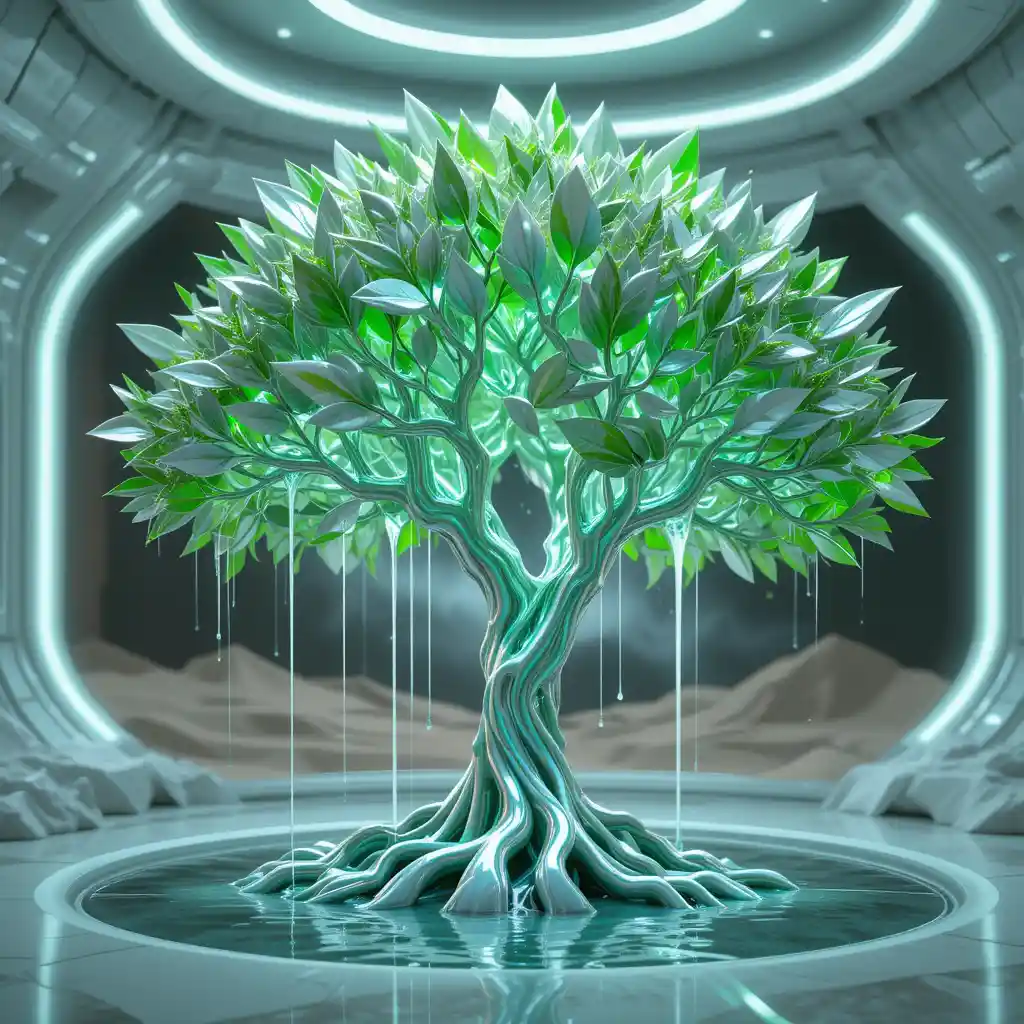 Futuristic Metallic Tree With Cables In Desert Oasis