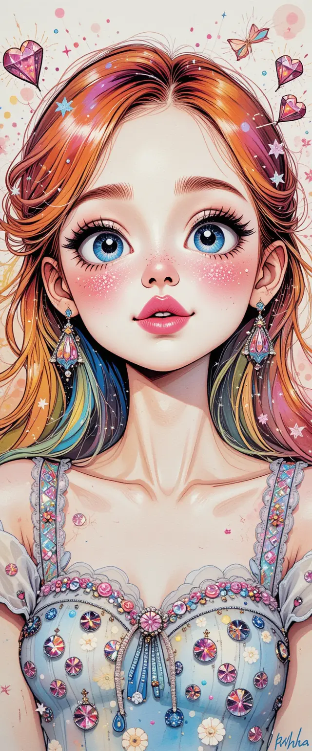 Fille d’anime colorée envoyant un baiser volant espiègle