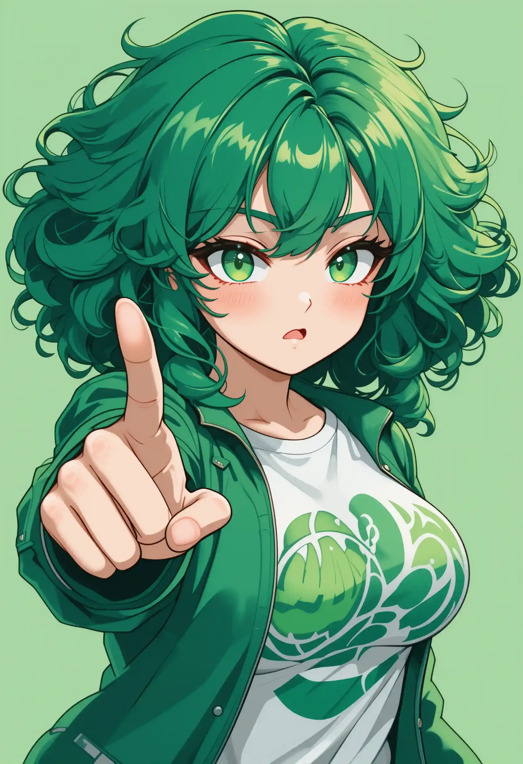 Determined anime girl with green hair pointing forward