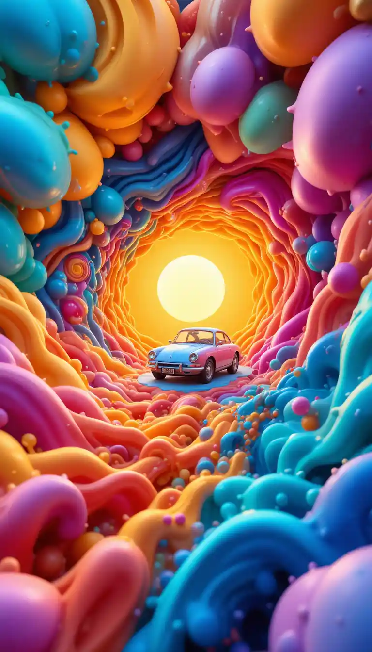 Colorful 3D scene with small car and bright sun