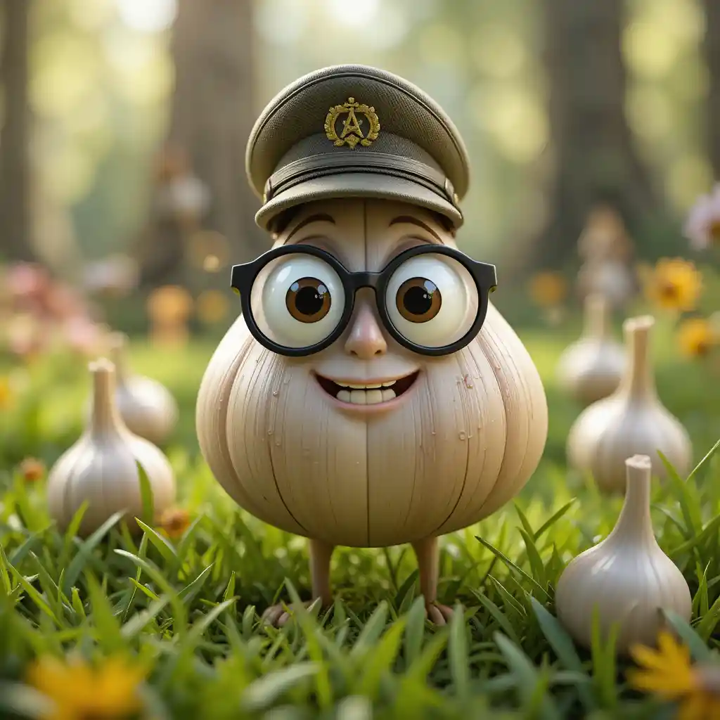 Cartoon garlic character with glasses in forest grass