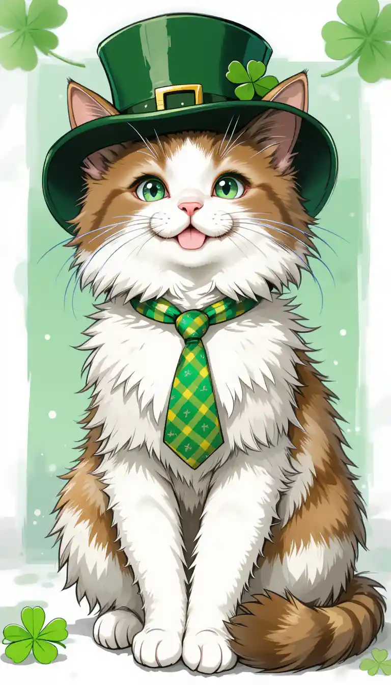 Happy fluffy cat in top hat with green necktie