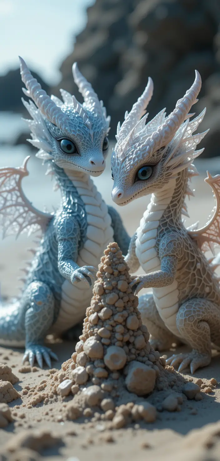 Two cute fantasy dragons building a beach sandcastle