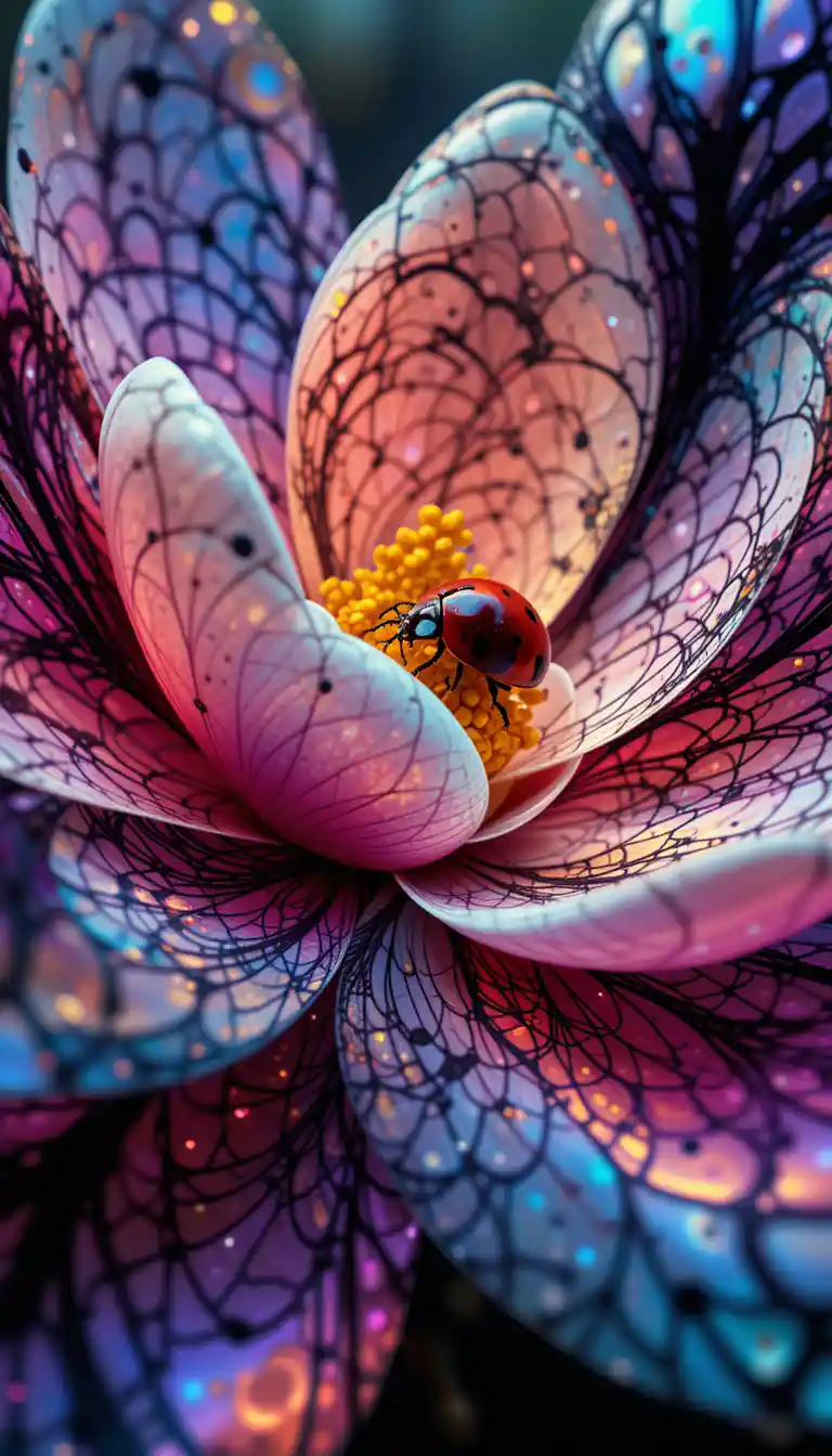 Macro magnolia flower with ladybug in surreal swirling colors