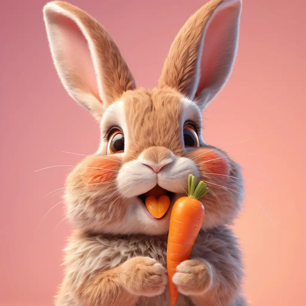 Cute 3D rabbit biting a bright orange carrot