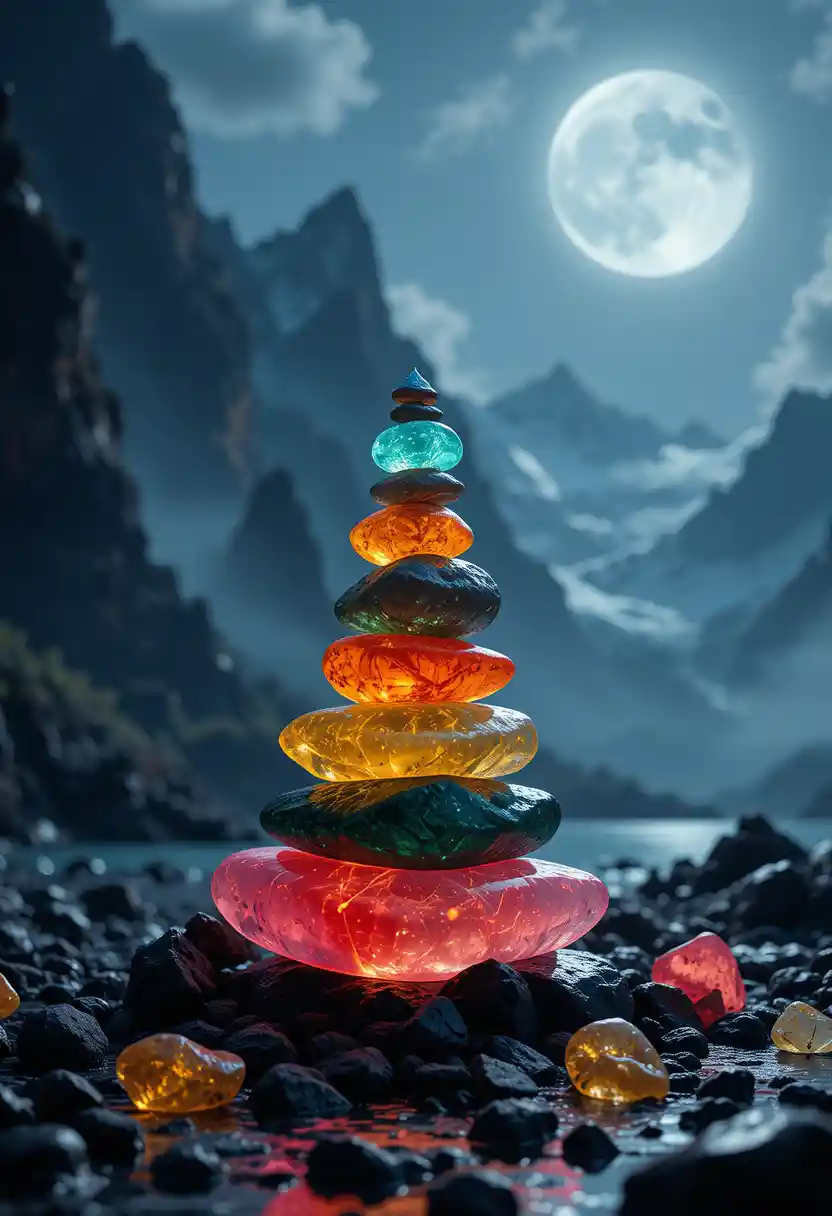 Moonlit tower of translucent stones in mountain landscape