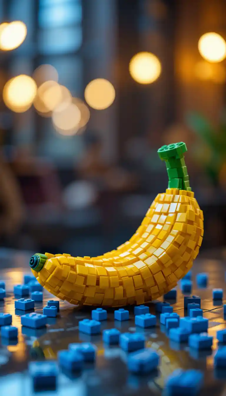 Macro photo of a lego banana sculpture on reflective surface