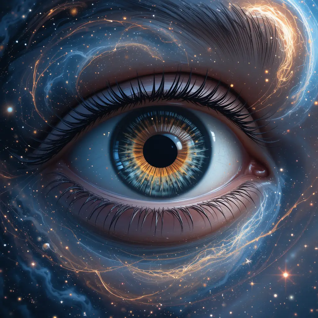 Surreal human eye floating in colorful outer space