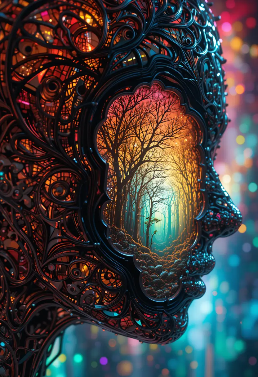 Surreal woman portrait with portal to mythical forest