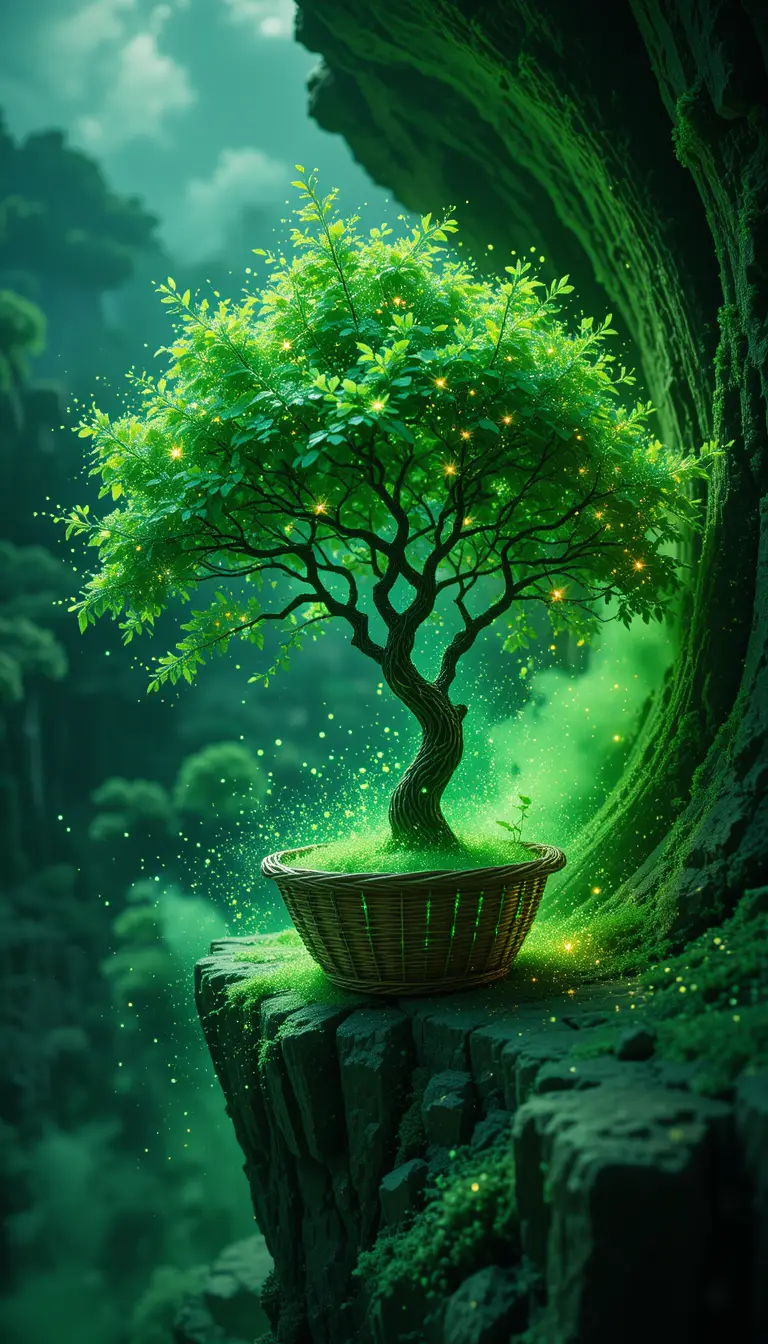 Abstract emerald tree on carved cliff in glowing dust