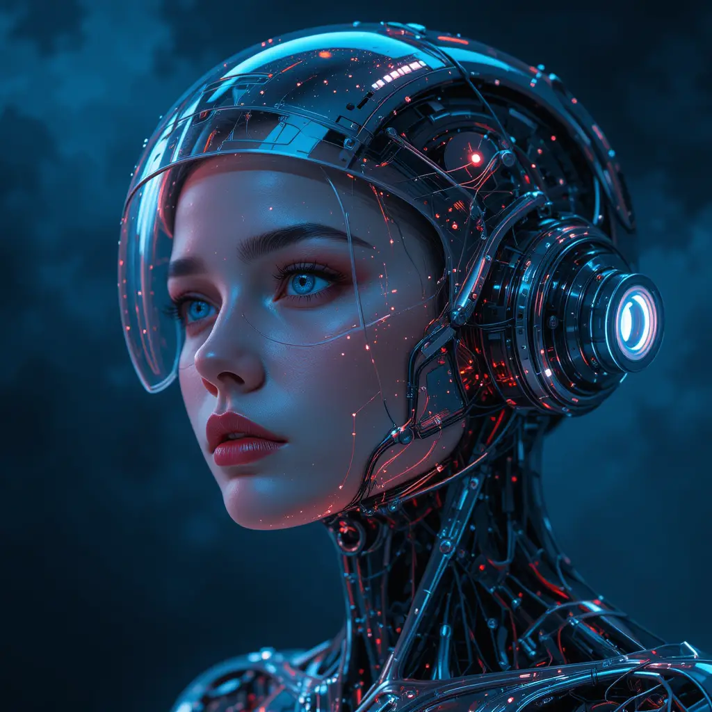 Futuristic female cyborg portrait with neon reflections