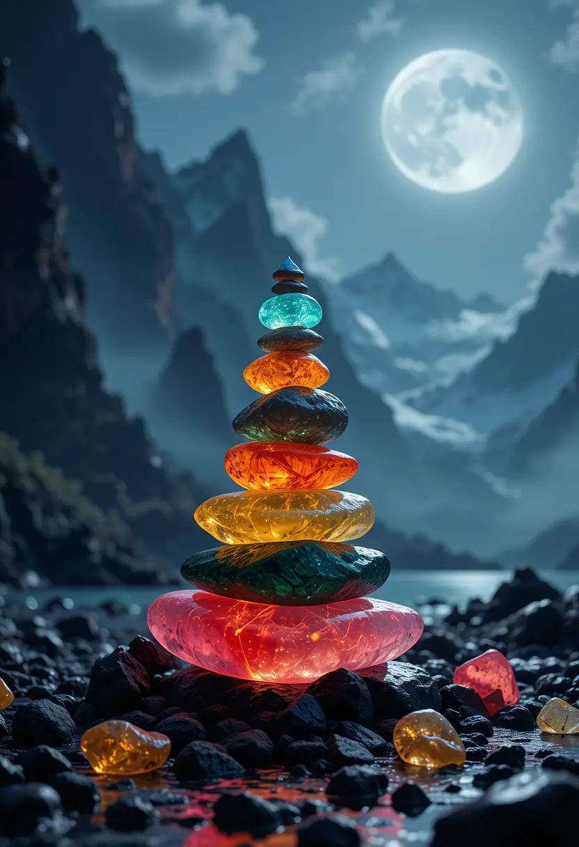 Moonlit tower of translucent stones in mountain landscape