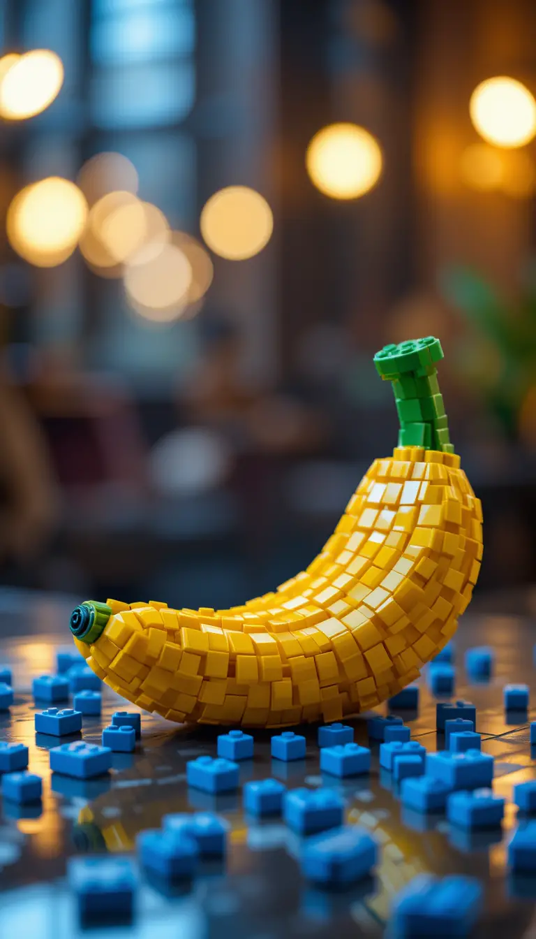 Macro photo of a lego banana sculpture on reflective surface