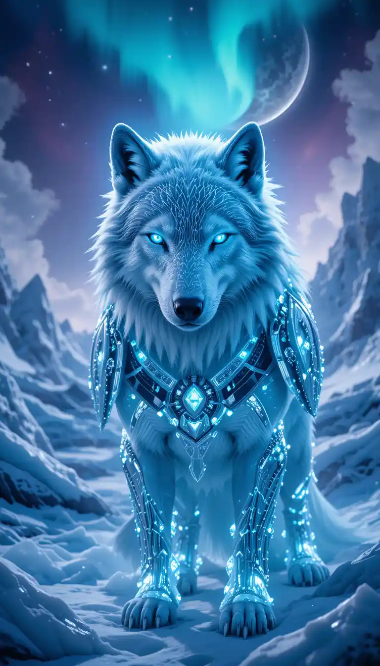 Majestic ice wolf in surreal arctic fantasy landscape