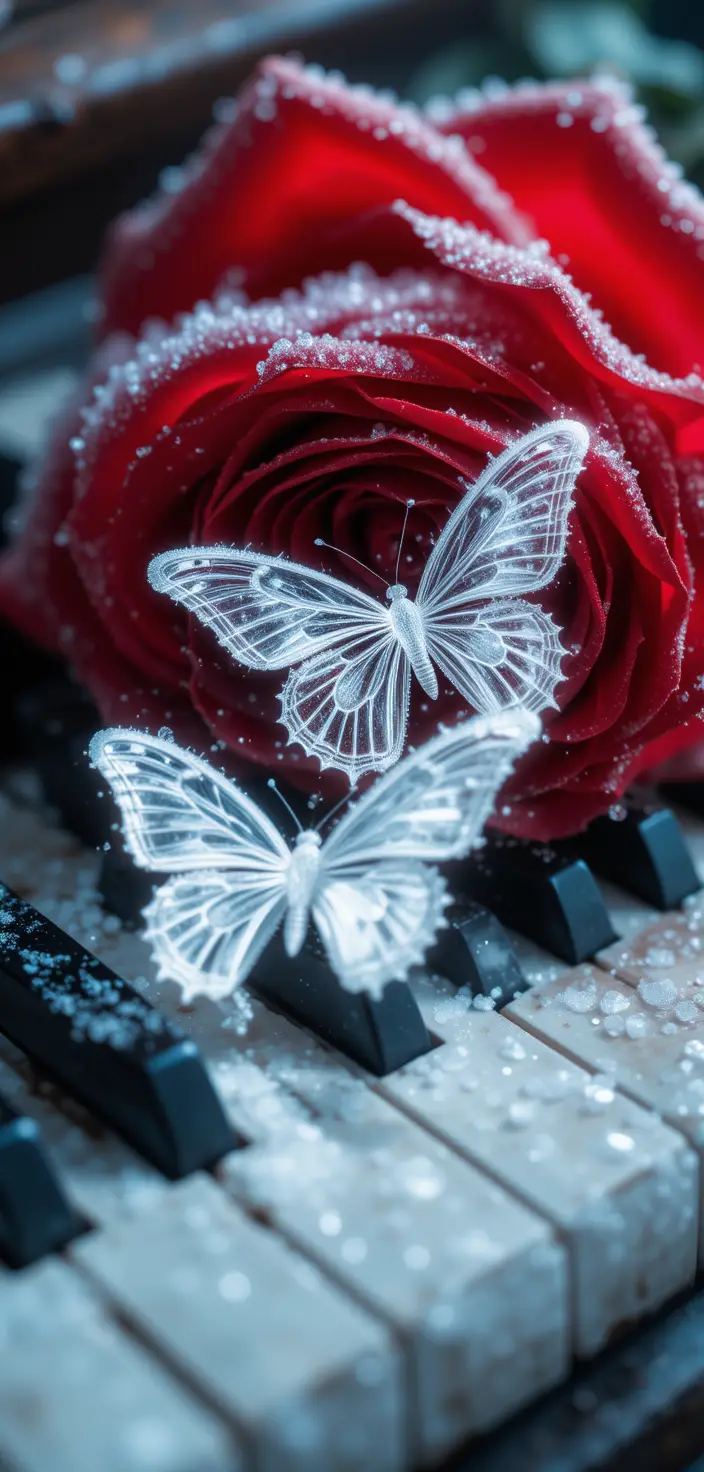 Frozen red rose on piano keys with neon butterflies